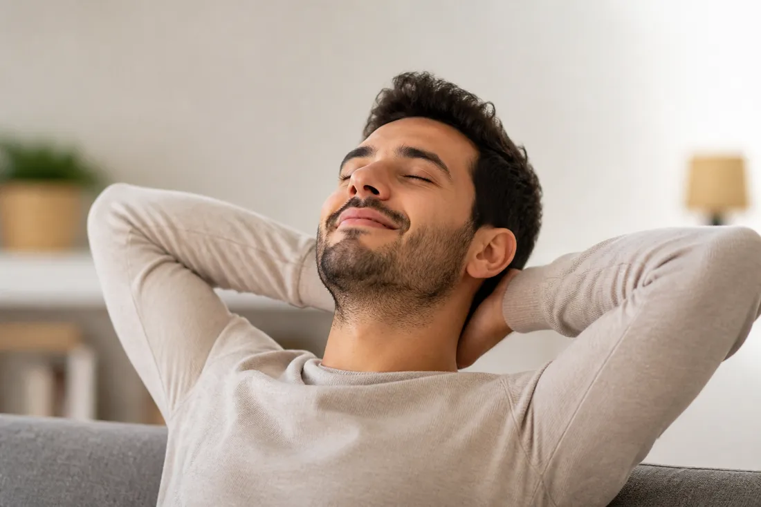 Homem relaxado no sofá com expressão de tranquilidade